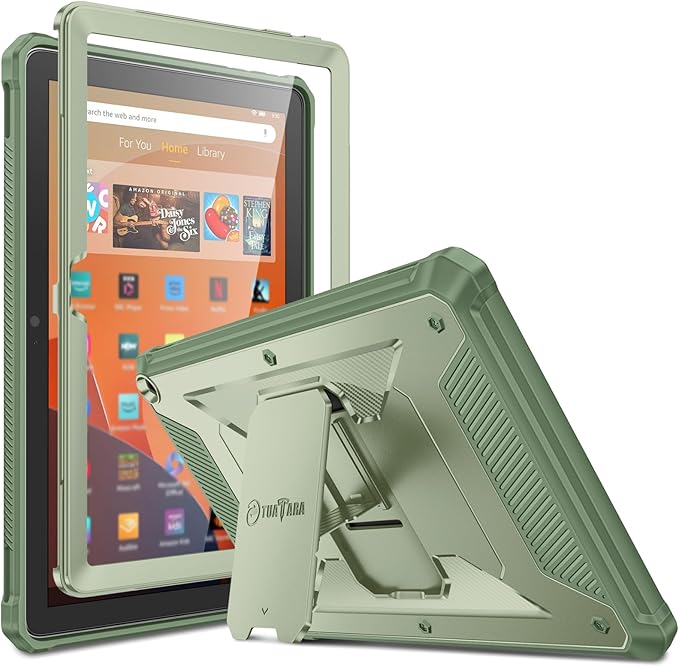 Fintie Shockproof Case for All-New Fire HD 10 Tablet (13th Generation 10.1 2023 Release) [Tuatara] Rugged Unibody Hybrid Bumper Kickstand Cover with Built-in Screen Protector Sage Green