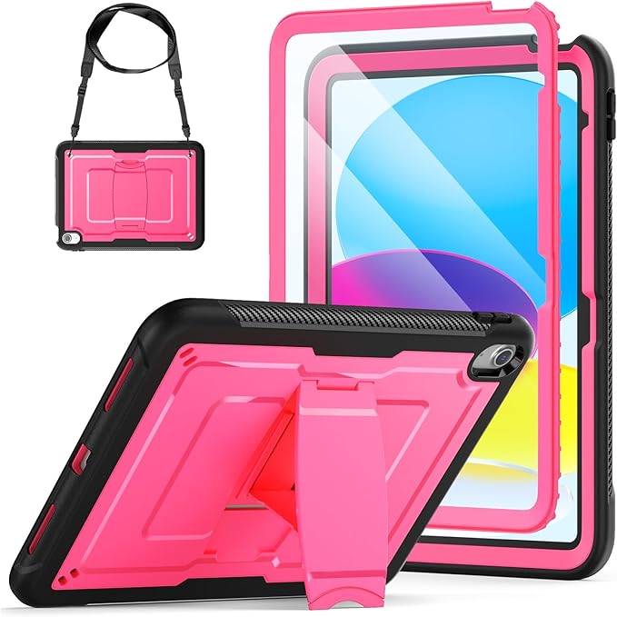 SEYMAC stock Case for iPad (A16) 11th/10th Generation 11''/10.9'' 2025/2022 with Built-in Screen Protector Shoulder Strap Built-in Kickstand Rugged Full Body Shockproof Protective Case Pink