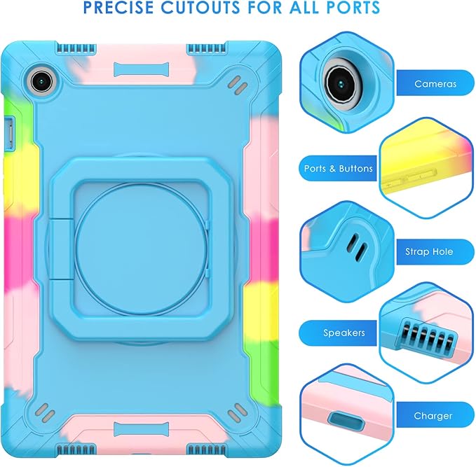 DETUOSI Case for Samsung Galaxy Tab A8 10.5 inch 2022 Galaxy Tab A8 Shockproof Case with 360°Rotatable Stand &amp Shoulder Strap Heavy Duty Case for SM-X200/X205/X207 Camouflage Blue
