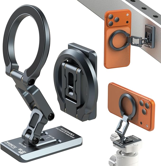 Dual Magnetic Phone Holder Gym Magnetic StandTripod Phone Mount (1/4'' Hole&amp ARCA-Swiss)Portable Phone Grip for iPhone 12/13/14/15/16/17-Desk/Car/Gym/Golf Cart/Airplane Use Stand (Grey)