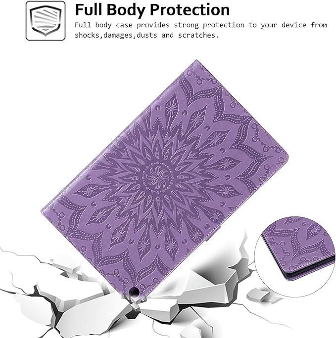Folio Case for Fire HD 10 (9th/7th/5th Generation 2019/2017/2015 Release) Techcircle Sunflower Embossed Stand Protective Cover with Card/Cash Holder for Amazon Fire HD 10.1 Inch Tablet Purple