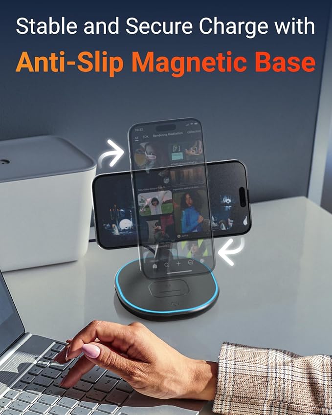 M.A.D Lab Z27 15W MagSafe Compatible 3 in 1 Qi2 Wireless Charging Station Magnetic Charger for iPhone 16/15/14/13/12 AirPods Apple Watch and Android Phones Bedside Dock with LED (No Adapter)