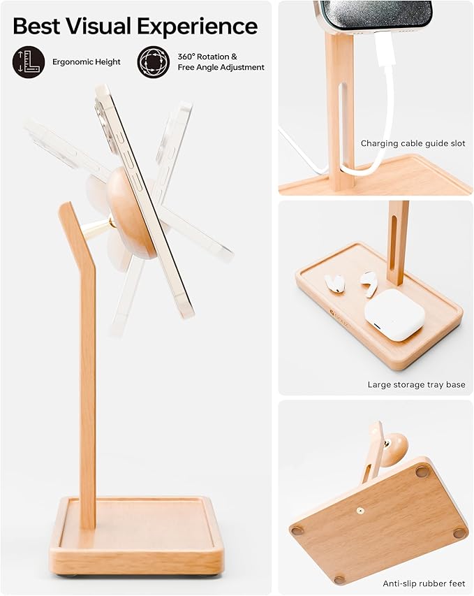 YEOUX Premium Magnetic Phone Holder for Desk | Solid Beech Wood | 360° Free Adjustable | MagSafe Compatible for iPhone 17 16 15 14 Stylish Desk Accessory