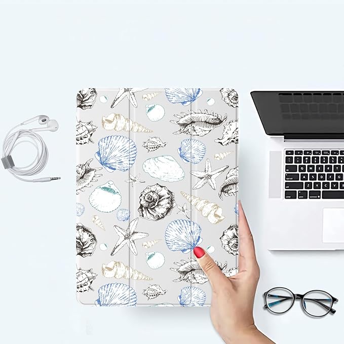Cute Coastal Ocean Sea Case for iPad mini 7th(A17 Pro) 2024 / Mini 6th Gen 8.3 2021 Conch Sea Shell CasePencil Holder &amp Clear Back &amp Trifold Stand Cover for Women