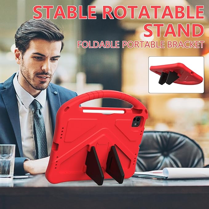 Kids Case for iPad Pro 11-inch (M5) 2025/(M4) 2024 Air 11 2026 M4/M3/M2 Case with Pencil Holder Techcircle Lightweight Shockproof EVA Foam Handle Stand Anti-Slip Grip Rugged Cover Red