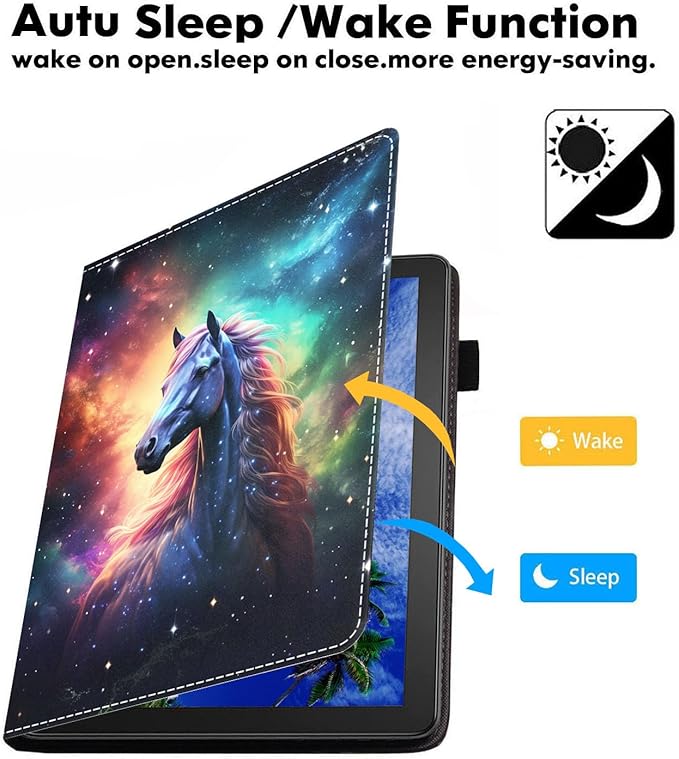 Case for Amazon Kindle Fire 7 Tablet (7 9th/7th Generation 2019/2017 Release) Slim PU Leather Cover with Card Slot &amp Auto Wake/Sleep Galaxy Nebula Horse