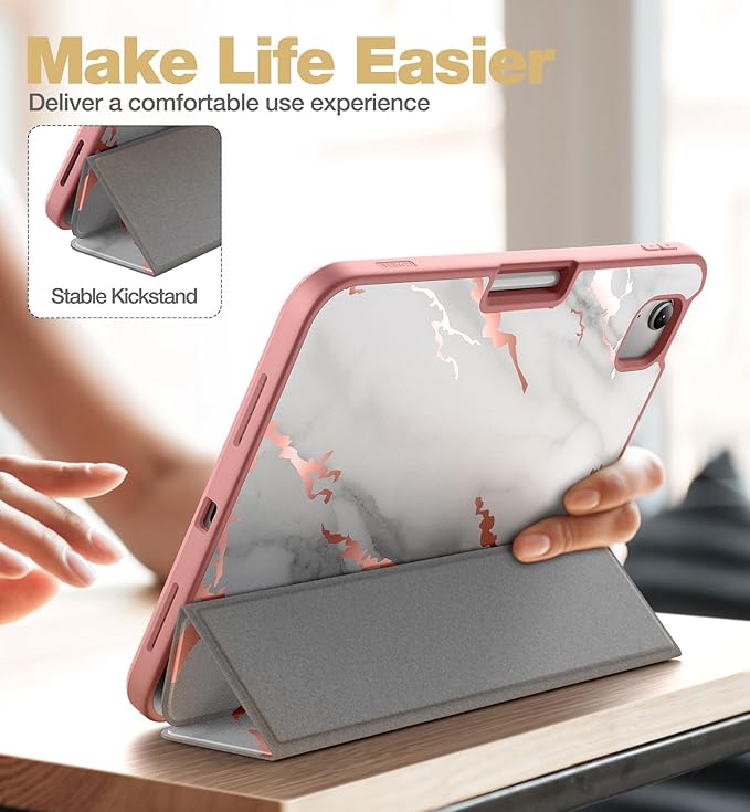 SURITCH Case for iPad (A16) 11th Generation 11 Inch 2025/iPad 10th Generation 10.9 Inch 2022 with Screen Protector Pencil Holder Tri-fold Stand Auto Wake/Sleep Shockproof Protection White Marble