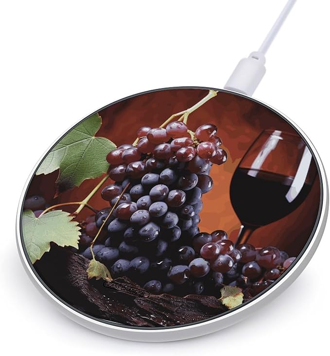 Red Wine Grapes Wireless Charger Fast Wireless Charging Pad with USB Cable 10W Anti-Slip Magnetic Wireless Charger Portable Slim Charger Puck Travel Charging Station