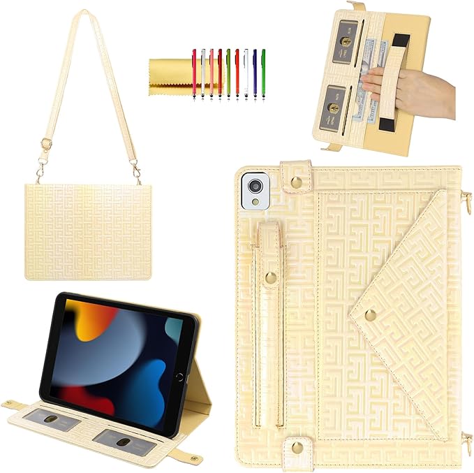 Shiny Case for iPad 6th/5th Gen 9.7 Inch (2018/2017) iPad Pro 9.7/Air 2 Techcircle Crossbody Iridescent Folio Stand Multi-Pocket Wallet Case with Pencil Holder+Hand/Shoulder Strap Shiny Yellow