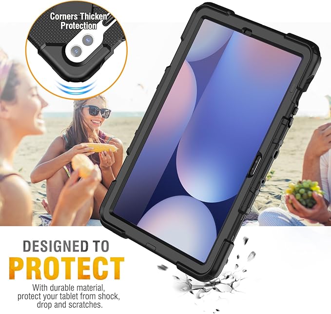 HXCASEAC Case for Samsung Galaxy Tab S10+ Plus / S9 Fe+ / S9+ 5G 12.4 inch Protective with Screen Protector/S Pen Holder/ 360 Rotating Stand Hand Strap - Black