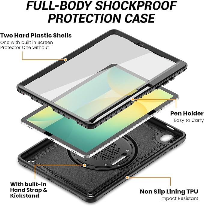 Case for Samsung Galaxy Tab S10 Lite / S10 FE / S9 FE 5G / S9 Tablet Case 10.9''/11'' Rugged Protective with Screen Protector Pen Holder 360°Rotate Hand Strap/Stand Shoulder Strap Black