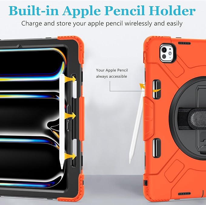 Case for iPad Pro 13 Inch M5 2025/ M4 2024: Military Grade Cover for iPad Pro 13 with Screen Protector - Stand - Handle - Shoulder Strap - Pencil Holder- Orange