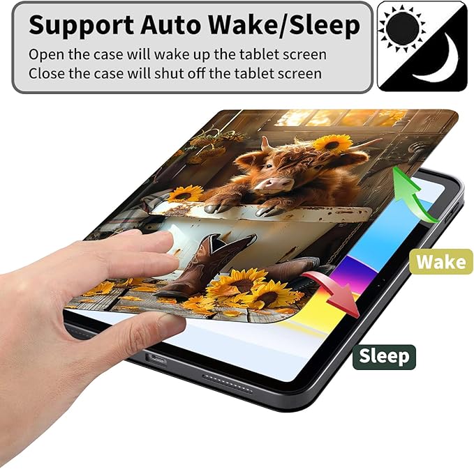 Case for Amazon Kindle Fire HD 10 and Fire HD 10 Plus 10.1 Tablet Case (13th/11th Generation 2023/2021 Release) Slim Fit PU Leather Cover with Auto Sleep/Wake - Highland Cow Sunflower