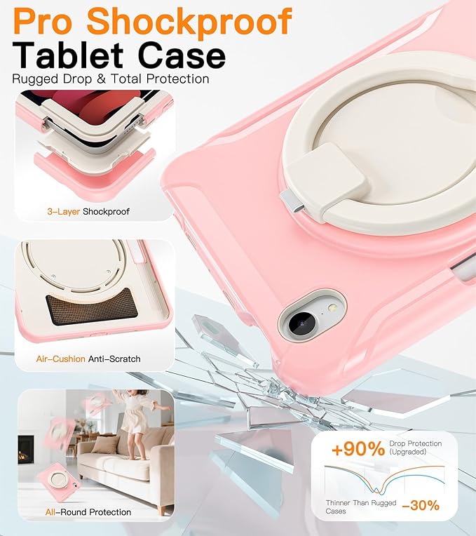 BATYUE Shockproof Case for iPad mini 7 (A17 Pro)/ Mini 6 8.3 inch (2024/2021) - 360° Multi-Angle Stand (Portrait &amp Landscape) &amp Grip Built-in Pencil Holder Pink