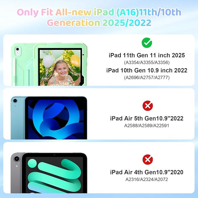 Case for iPad (A16) 2025 11th Gen 10.9'' iPad 10th Generation 2022 10.9'' with Tempered Glass Screen Protector Rugged Kid Case with Shoulder Strap/Pencil Holder/Folding Stand (Mint Green)
