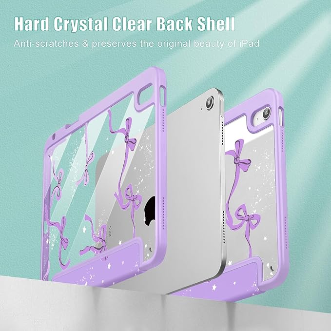 Tuiklol Case for iPad 11 inch (A16 Chip) 2025 Generation 11th / iPad 10.9 inch 2022 10th Gen Buit in Pencil Holder with Shockproof Cover Clear Transparent Back Shell Auto Wake/Sleep Bow-Purple
