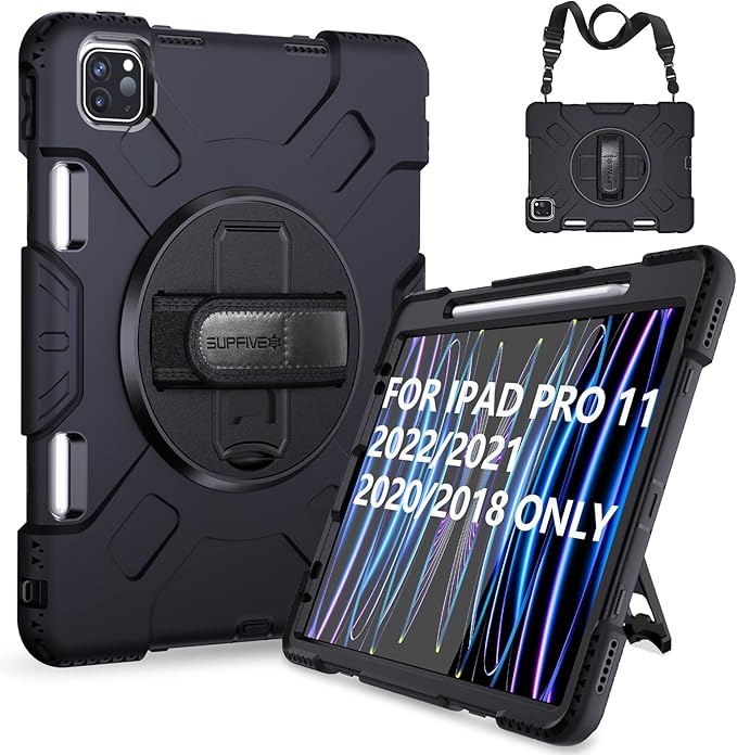 SUPFIVES 2022 iPad Pro 11 inch Case (4th Generation)Upgraded Military Grade Shockproof Silicone iPad Pro 11 4th/3rd/2nd Gen Cover Pencil Holder+ Handle+ Shoulder Strap+ Rotating Kickstand Black