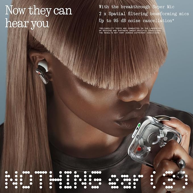 Nothing Ear (3) Wireless Earbuds Super Mic 45dB Hybrid Active Noise Cancelling Bluetooth Headphones Hi-Res 6 Mics 12mm Dynamic Bass Boost Dual Connect ANC Sport Ear Buds for iPhone Android White