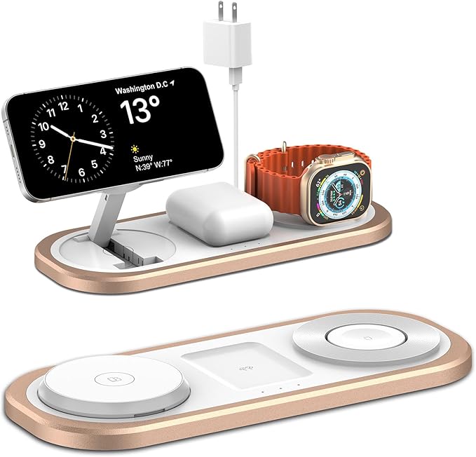 3 in 1 Fast Wireless Charger Stand for iPhone Foldable Travel Charging Station for Magsafe for iPhone 17/Air/16/15/14/13/12 Series Apple Watch Series AirPods pro/2/3/4 Gifts for Women Men (Golden)