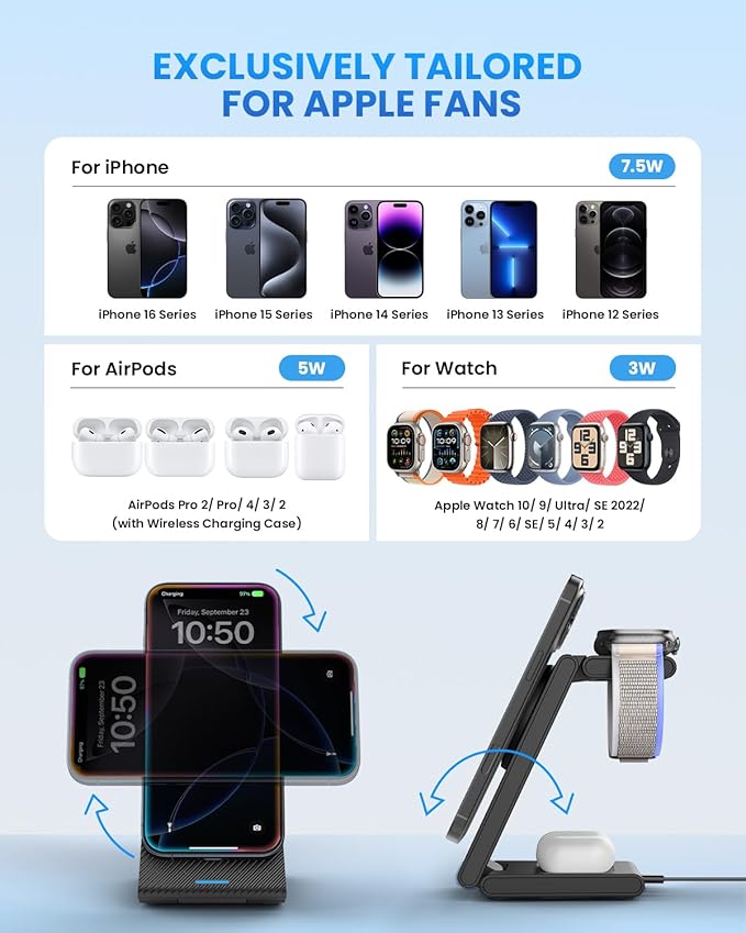 Wireless Charger Magnetic for Apple Devices - JoyGeek 3 in 1 Foldable Charging Station for Magsafe Compatible with iPhone 16 15 14 13 12 Pro Max Plus Apple Watch 10 9 8 7 6 5 4 SE AirPods 4/3/2/Pro
