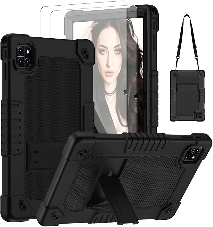 for Callsky-Tab Cpad 10 / Callsky-Tab Ctab 10 10.1 inch Tablet Case Kids Shockproof Cover with Kickstand Shoulder Strap and 2 Pcs Tempered Glass Screen Protector (Black+2Pcs)