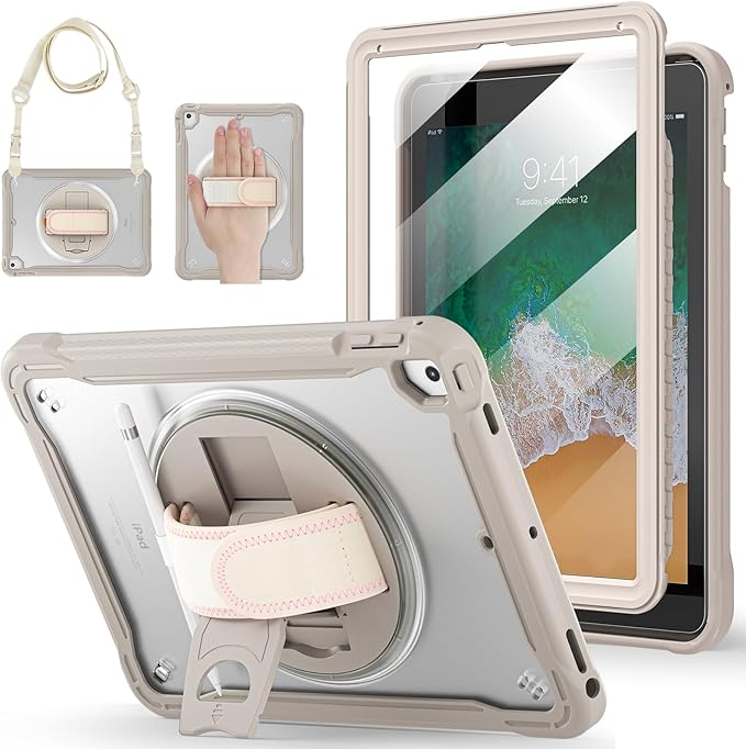 BRAECNstock Case for iPad 6th/5th Generation 9.7 inch 2018/2017ipad Air 2nd Generation &amp Pro 9.7 inch Cover for Kids with Pencil HolderScreen Protector360°Rotating Hand Strap&ampKickstand-Khak