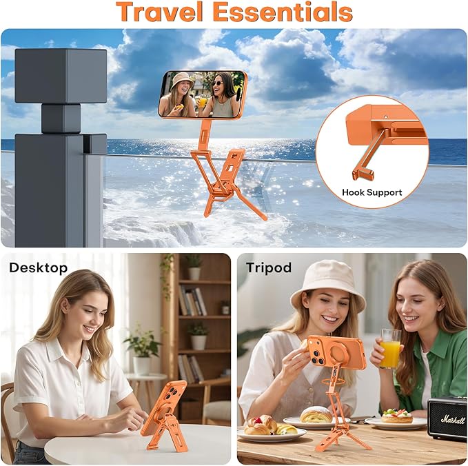 OMOTON TP06 for MagSafe Tripod Hook 360°Rotate Magnetic Phone Tripod for iPhone 17/16/15 Pro Max Air Fold Phone Stand Selfie Stick with 1/4 Screw Acra Fits Vlog Gym Travel Essentials Orange