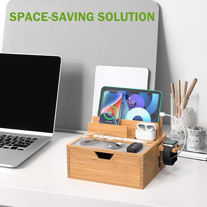 Pezin &amp Hulin Bamboo Charging Station for Multi Device with Power Charger &amp Cables Nightstand Docking Station with Lined Tray &amp Drawer Compatible with Tablet Cell Phones