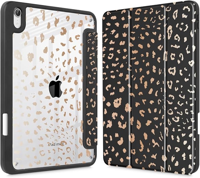 May Chen Slim Case for iPad mini 7 (A17 Pro 7th Generation) 2024 / iPad mini 6 (6th Gen) 8.3 Inch [Built-in Pencil Holder] Shockproof Cover Clear Clear Back Shell Auto Wake/Sleep Leopard Print