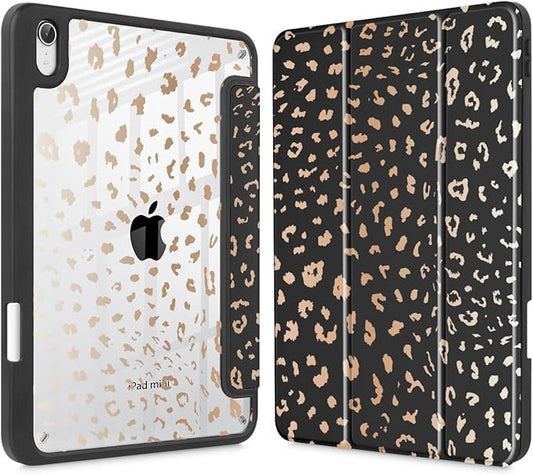May Chen Slim Case for iPad mini 7 (A17 Pro 7th Generation) 2024 / iPad mini 6 (6th Gen) 8.3 Inch [Built-in Pencil Holder] Shockproof Cover Clear Clear Back Shell Auto Wake/Sleep Leopard Print