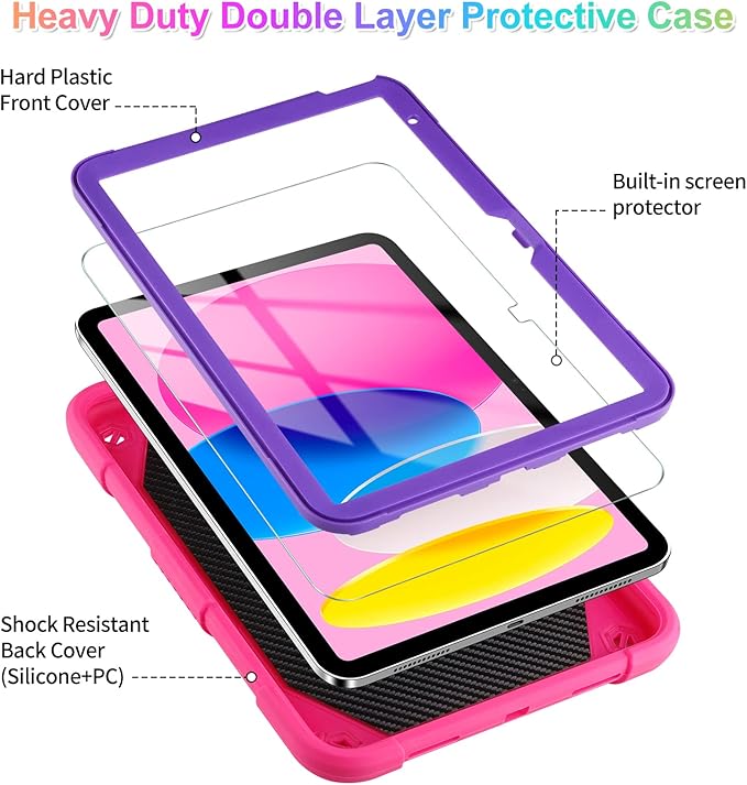 VOFUOE for iPad 10th Generation Case for Kids Girls 2022 10.9 for iPad A16 Case 11th Generation 2025 with Screen Protector Shoulder Strap Butterfly Wings Stand Pencil Holder Rugged Cover-Rose Red