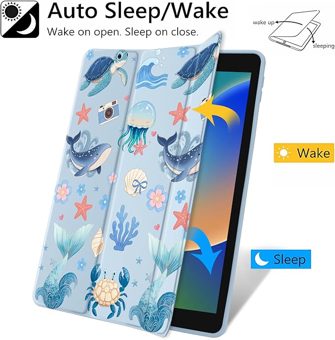 Cartoon Sea Turtle for 12.9 iPad Pro 6th/5th/4th/3rd Gen (2022/2021/2020/2018) Kawaii Animal Clear Hard Back Hybrid Casewith Pencil Holder Trifold Stand Tablet Cover for Women