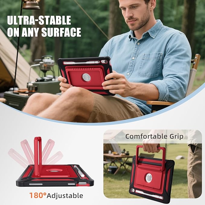 Akkerds for iPad A16 case 11th Generation 11 Inch 2025 - for iPad 10th Generation case 10.9 Inch 2022 with Pencil Holder - Screen Protector and Kickstand - Heavy Duty Rugged Protective Cover - Red