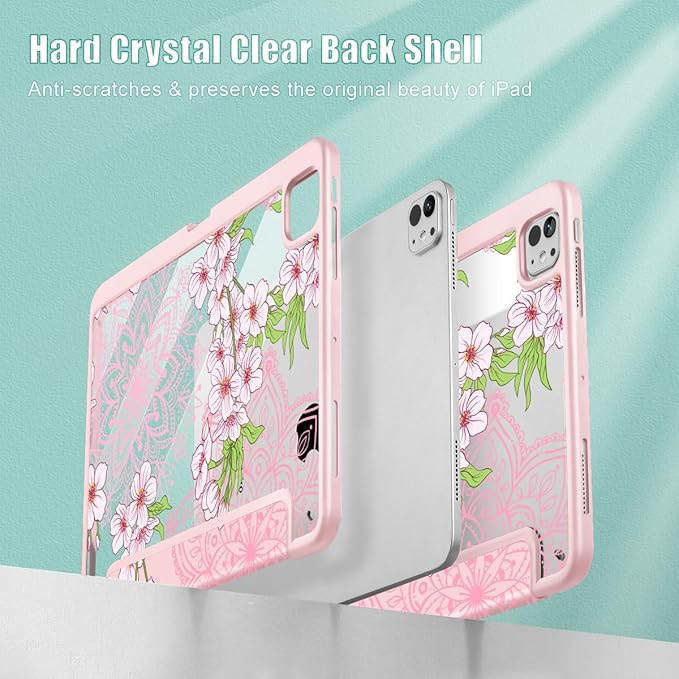 Mektron Case for M5/ M4 iPad Pro 11 inch 2025/2024 with Pencil Holder Compatible Models: A3357/A3358/A3359/A2836/A2837/A3006 Shockproof Cover Clear Shell Blossom Sakura-Pink