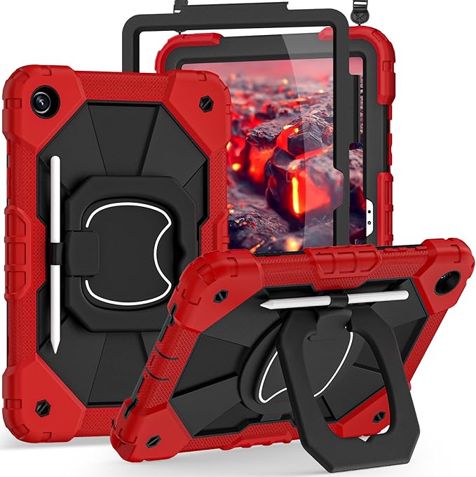 Case for Galaxy Tab A11+ /A9+ Case 11 Inch with Screen Protector/Rotating Stand/Pencil HolderMilitary Grade Shockproof Tablet Case Samsung Galaxy Tab A11 Plus/A9 Plus CoversRed Black
