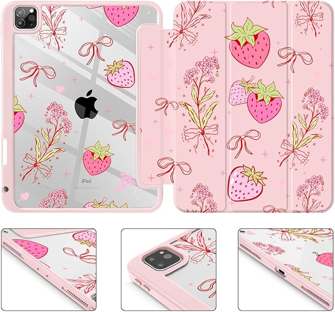 May Chen for iPad Pro 11 inch M2 4th Generation 2022 iPad Pro 11 3rd/2nd/1st Gen Case with Transparent Shockproof Back Cover [Built-in Pencil Holder Auto Sleep/Wake Strawberry Bow