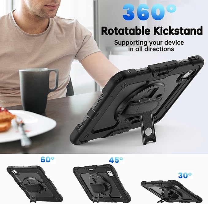 for iPad Pro 11 inch Case M5 2025/M4 2024 Shockproof Case for iPad Pro 11 M5/M4 with Screen Protector/Pencil Holder/Rotating Kickstand [Hand &amp Shoulder Strap]Black