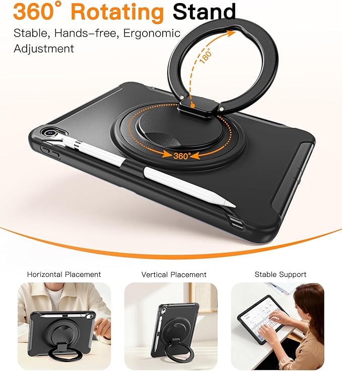 BATYUE Shockproof Case for iPad 10th Gen 10.9 2022 / 11th Gen (A16) 11 2025 | 360° Multi-Angle Stand (Portrait &amp Landscape) &amp Grip Built-in Screen Protector Pencil Holder Black