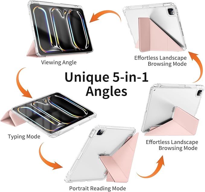 kenke Case for iPad Air 13 Inch (M3 2025/M2 2024) iPad Pro 12.9 Inch 6th/5th Generation (2022/2021) with Pencil Holder Y Folding Stand Cover with Hard Clear PC Back Support Touch ID Light Pink