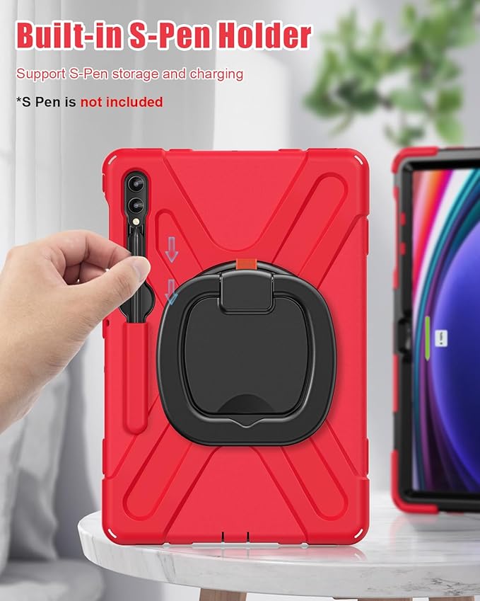 BRAECN Case for Samsung Galaxy Tab S10+/S9 FE+/S9+ 12.4” 2024 SM-X820/X610/X810 Shockproof Silicone Case with Screen Protector/S Pen Holder/Shoulder Strap/Kickstand for Galaxy Tab S8+/S7 FE/S7+Red