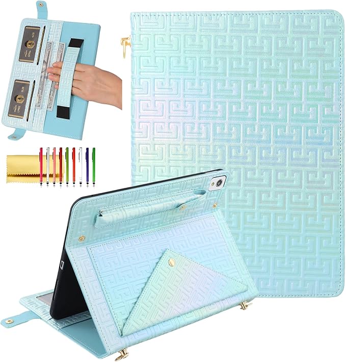 Dteck iPad 10th Generation Case 10.9 2022 - Luxury Sparkle PU Leather Kickstand With Pencil Holder Shoulder Hand Strap Card Slots Shockproof Protective Magnetic Pockets Wallet Lightblue