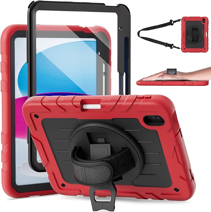 Case for iPad 10th Generation 10.9inch 2022with Built-in Screen Protector and KickstandHand StrapShoulder Strap for New Apple iPad 10.9 Inch(Red/Black)