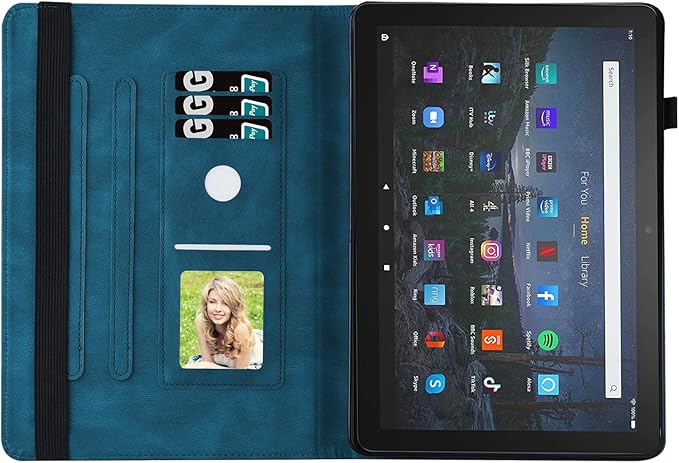 for Amazon Kindle Fire HD 10 &amp HD 10 Plus Case 13th/11th Generation 10.1 inch (2023/2021) Folio Stand Embossed PU Leather Wallet Cover with Pencil Holder/Card Pockes Blue Flower Butterfly