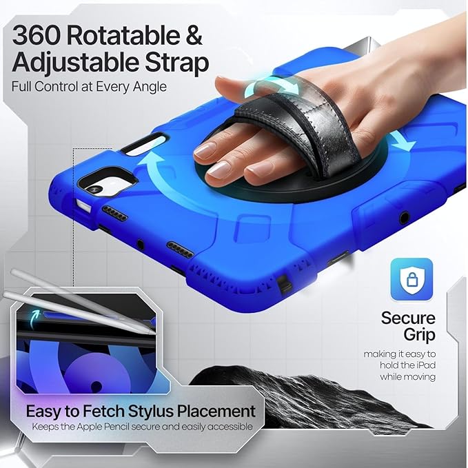 TNP Protective Case for iPad Air 6th M2 2024 11 Inch 5th 4th Gen 10.9 inch and iPad Pro 4th 3rd 2nd Generation (2022 2021 2020 2018) w/Pencil Holder Handle Stand &amp Shoulder Strap Blue