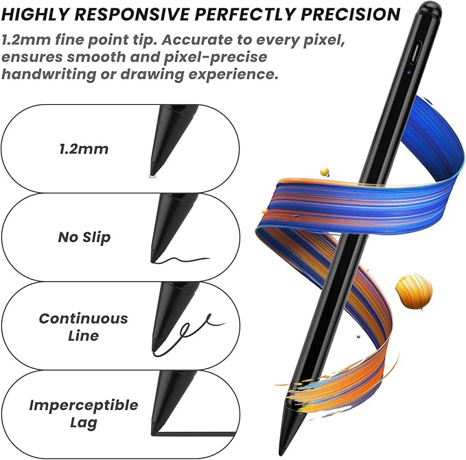 Minilabo iPad Pen for 2018-2025 Series Palm Rejection and Fast Charging Active Pencil Compatible with Apple iPad 6-11 iPad Pro 11/12.9/M4 iPad Air 3/4/5/M2/M3 Black