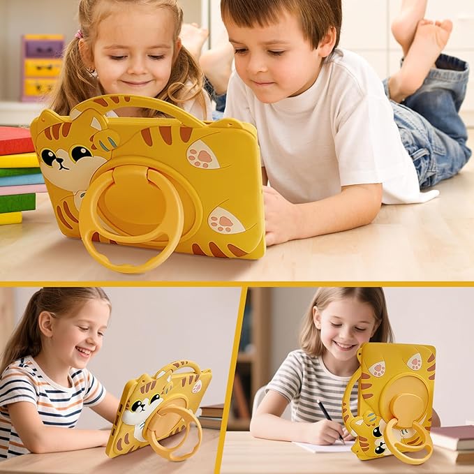 Case for iPad 9th Generation (2021) / 8th Generation (2020) / 7th Gen (2019) 10.2 Inch Full-Body Shockproof Kids Case for Pencil Holder &amp Adjustable Shoulder Strap Orange Cat