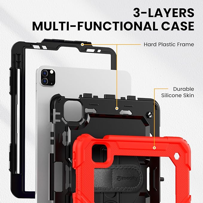 Timecity Case for iPad Pro 11 inch 4th/3rd/2nd/1st Generation 2022/2021/2020/2018 Heavy Duty Protective Case with Screen Protector Swivel Stand Hand/Shoulder StrapPencil Holder Case- Red