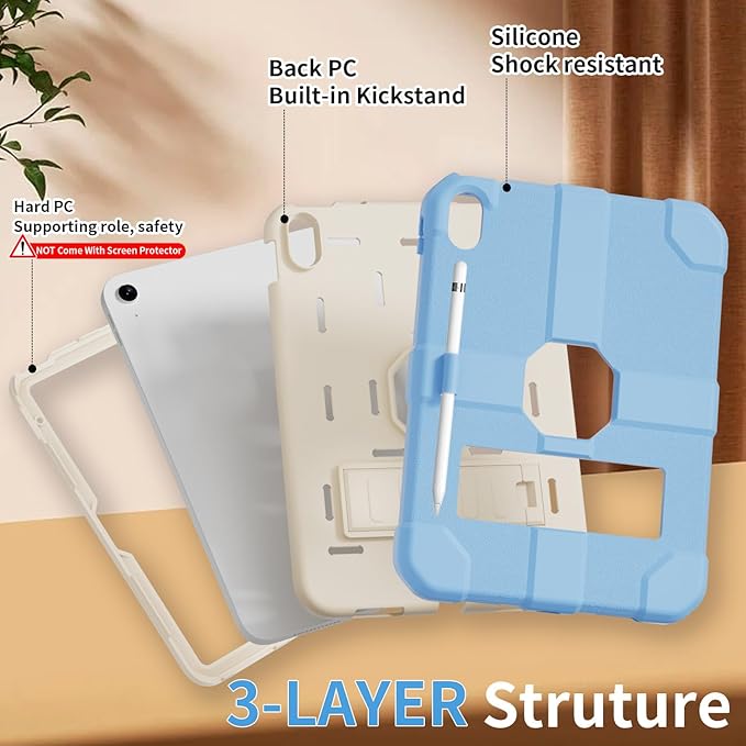 Case for iPad (A16) 11th Generation 11 Inch 2025 / iPad 10th Generation 10.9 Inch 2022 Rugged Heavy Duty Protective Cover [Built-in Pencil Holder ] for iPad 11/10 Gen (LightBlue/White)