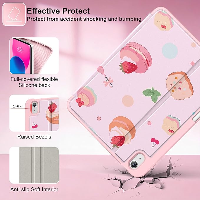 Supveco Case for iPad (A16) 11th Generation 11 inch (2025)iPad 10th Generation 10.9 inch (2022) with Pencil HolderPremium Folio Stand Case with Soft TPU Back CoverAuto Wake/Sleep-Pink Cake