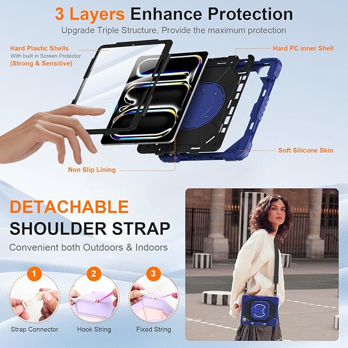 Case for iPad Pro 13 Inch M5 2025 / M4 2024 Auorld for iPad Pro 13 Inch M5 2025 with Screen Protector 360 Degree Rotating Stand Shoulder Strap Pencil Holder Navy Black